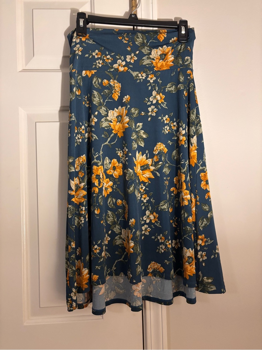 LuLaRoe A-Line Midi Skirt in Teal with Yellow Floral Print